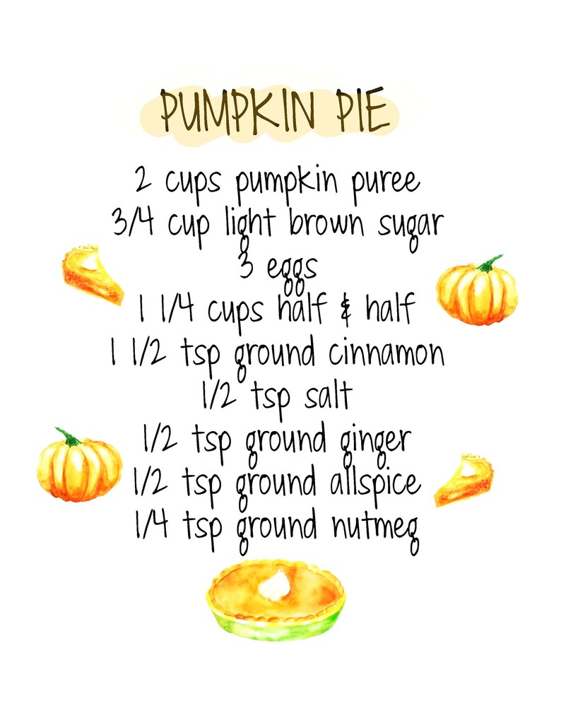 Pumpkin Pie Recipe Print Baking Cooking Kitchen Decor Etsy