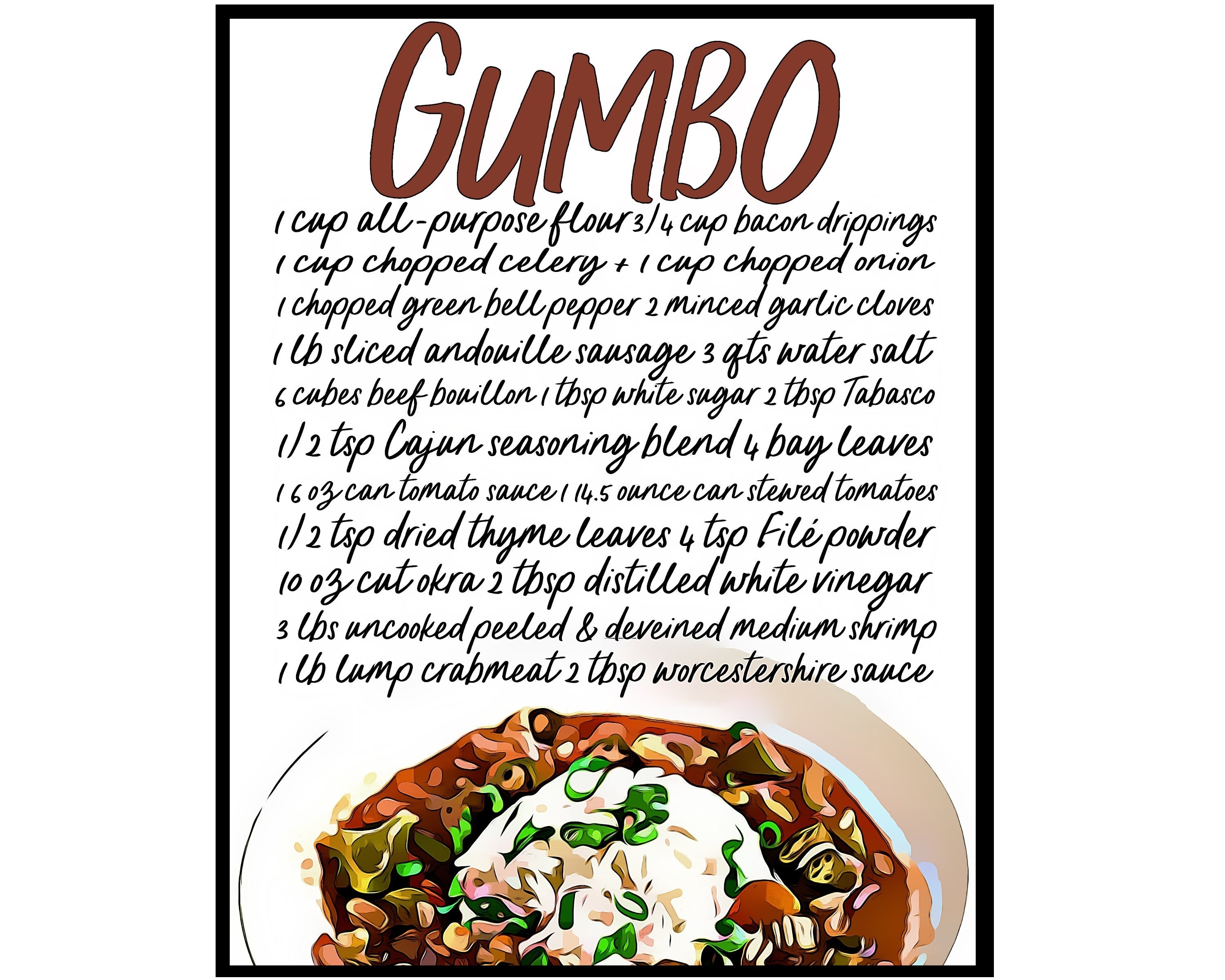 Gumbo Recipe Recipe Print Cajun Cooking Seafood Kitchen | Etsy