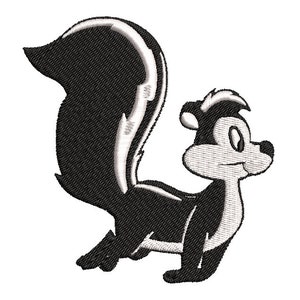 May include: A black and white cartoon skunk with a white stripe down its back and a white face. The skunk is standing on all fours and has a mischievous expression.