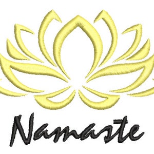 May include: Embroidered design featuring a stylized yellow lotus flower above the word "Namaste" in black script. The design is on a white background, suitable for yoga or meditation-themed products.