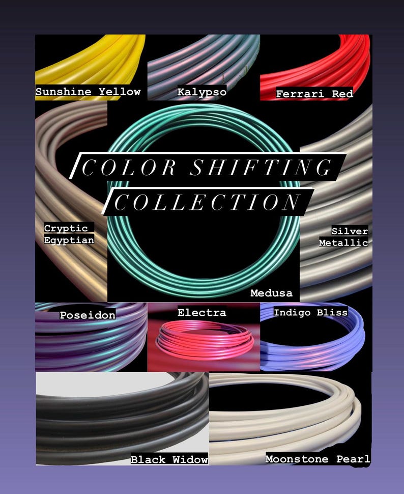 Puede incluir: Una colecci&oacute;n de aros de hula que cambian de color con nombres como "Sunshine Yellow", "Kalypso", "Ferrari Red", "Cryptic Egyptian", "Silver Metallic", "Medusa", "Poseidon", "Electra", "Indigo Bliss", "Black Widow" y "Moonstone Pearl".