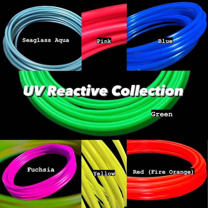 Puede incluir: Una colecci&oacute;n de tubos de hula hoop reactivos a los rayos UV que brillan en la oscuridad, en varios colores, incluyendo aguamarina, rosa, azul, verde, fucsia, amarillo y rojo (naranja fuego).