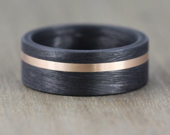 Carbon Fiber & Rose Gold, Wedding Band with FREE Engraving! Carbon Fibre Wedding Ring. Palladium and White gold options 8mm to 10mm widths