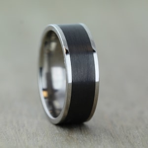 Wide Titanium & Carbon Fiber Wedding Ring Band - FREE Engraving! 7mm to 12mm available. Black carbon fibre engagement ring. Comfort Fit
