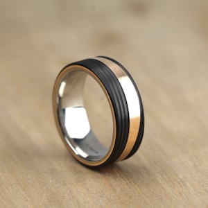 Bronze & Carbon Fiber Wedding Ring Band. Brushed/Matte Finish, Comfort Fit 8mm Free inside Engraving Black wedding band