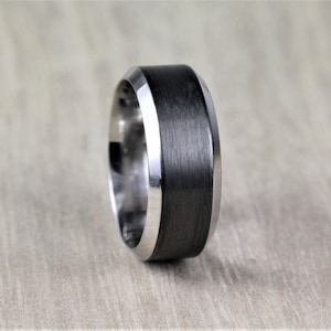 Bevelled Edge Carbon Fiber & Titanium Wedding/Engagement Ring with FREE engraving. Black Carbon Fiber wedding Band Chamfered Edge