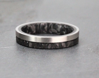 Titanium and Forged Carbon Fiber Wedding Band with FREE engraving. Brushed Titanium and Black Carbon Fibre Wedding/Engagement Ring