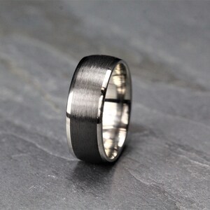 Carbon Fiber & Titanium Wedding Ring Band with FREE engraving. Black Carbon Fiber Engagement Ring for Men, Comfort fit brushed + polished