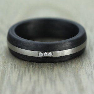 Carbon Fiber & Palladium, set with 3 Diamonds 6mm wide, Wedding Band with FREE Engraving! Carbon Fiber Wedding Ring.