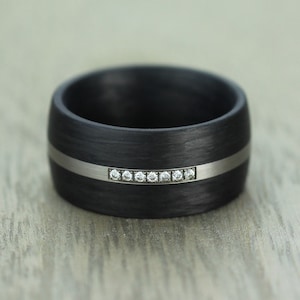 10mm, 7 Diamond, Carbon Fiber & Palladium Wedding/Engagement Band with Free Engraving! Carbon Fibre wedding ring