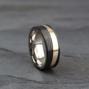 Bronze & Carbon Fiber Wedding Ring Band. Brushed/Matte Finish, Comfort Fit 8mm Free inside Engraving Black wedding band