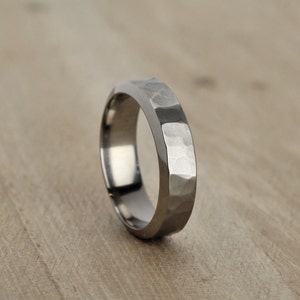 Hammered Titanium Wedding Band, bevelled edges with FREE Engraving. Wedding Ring Hammered Effect.
