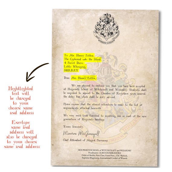 Acceptance Letter School of Witchcraft and Wizardry Personalized