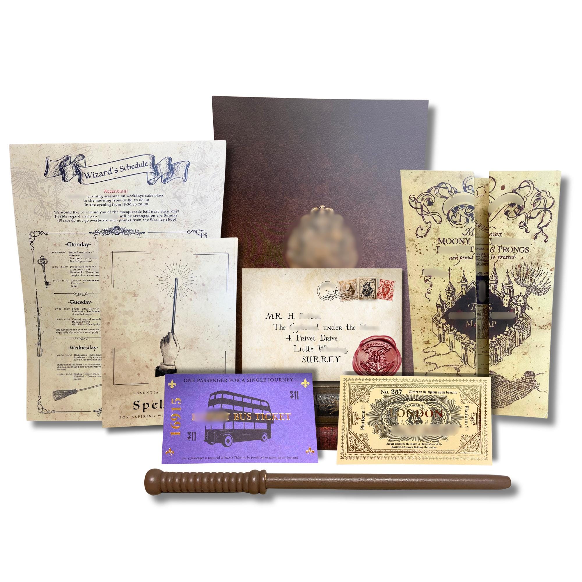 Personalized Wizard School Acceptance Letter Gift Set, School of Witchcraft and Wizardry, Wand, Class Schedule, Real Wax Stamp, Map, Tickets