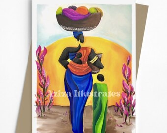 Tarjeta del día de la madre / madre e hijos / tarjeta de arte impresa / arte africano