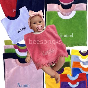 Set of 3, 5, or 10 Personalized Baby Bibs – Custom Terrycloth Bibs with Name – Bulk Baby Shower Gift – Embroidered Name Bib Pack - Fringed