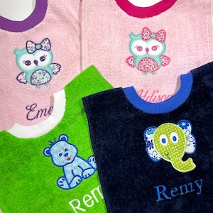Appliqué Baby Bib–Personalized Terrycloth Bib with Name–Custom Baby Shower Gift – Handmade Baby Bib Boy Girl – Embroidered Appliqué- Hemmed