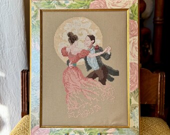 Vintage Dancing Couple Cross Stitch in Floral Frame
