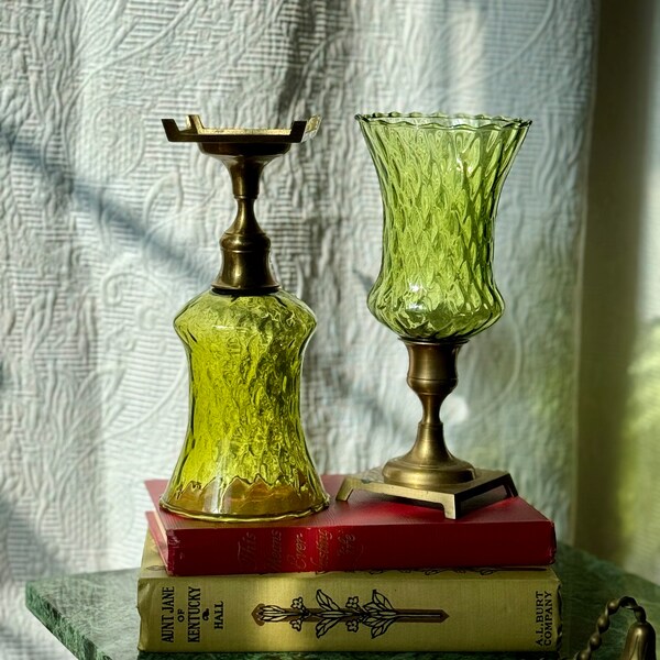 Vintage Brass Candlesticks with Green Glass Votives - Japanese Crafted Retro Home Decor - Unique Mid-Century Accent ~ Bookshelf Decor