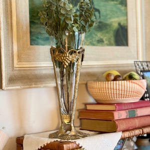 Vintage Brass and Glass Vase | Grape Harvest Motif | Art Nouveau Old World Charm | Abundance Inspired Elegance | Botanical Brass Decor