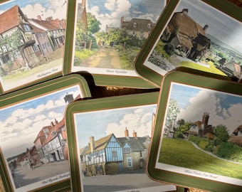 Vintage English Village Cork Coasters Set of 6 by the National Trust