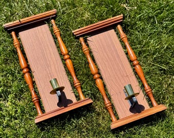 Vintage Wood Wall Sconce Candleholders Pair