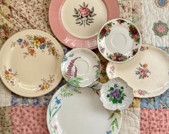 Vintage Floral Plate Wall Set - 7 Piece Cottage Garden Plate Bundle