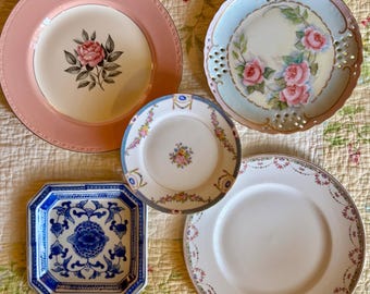 Vintage Floral Plate Wall Set of 5