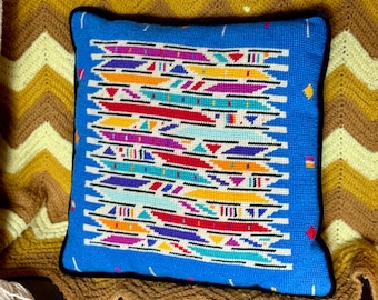 Vintage Colorful Needlepoint Throw Pillow