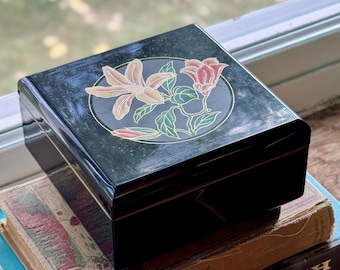 Vintage Floral & Black Lacquer Music Jewelry Box