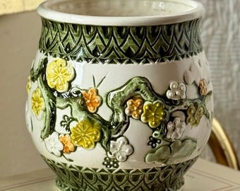 Vintage Green Floral Ceramic Cachepot