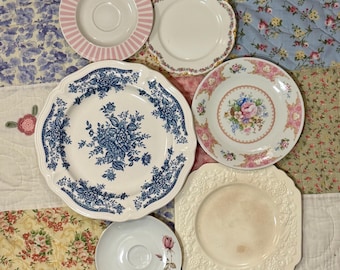 Vintage Blue & Pink Floral Plate Wall Bundle Set of 6