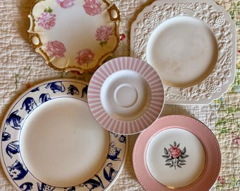Vintage Pink & Blue Plate Wall Bundle Set of 5