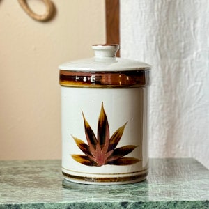 Vintage Stoneware Kitchen Storage Jar |  Retro Coffee Bean Canister with Botanical Motif | Greige Earthy Boho Lidded Container