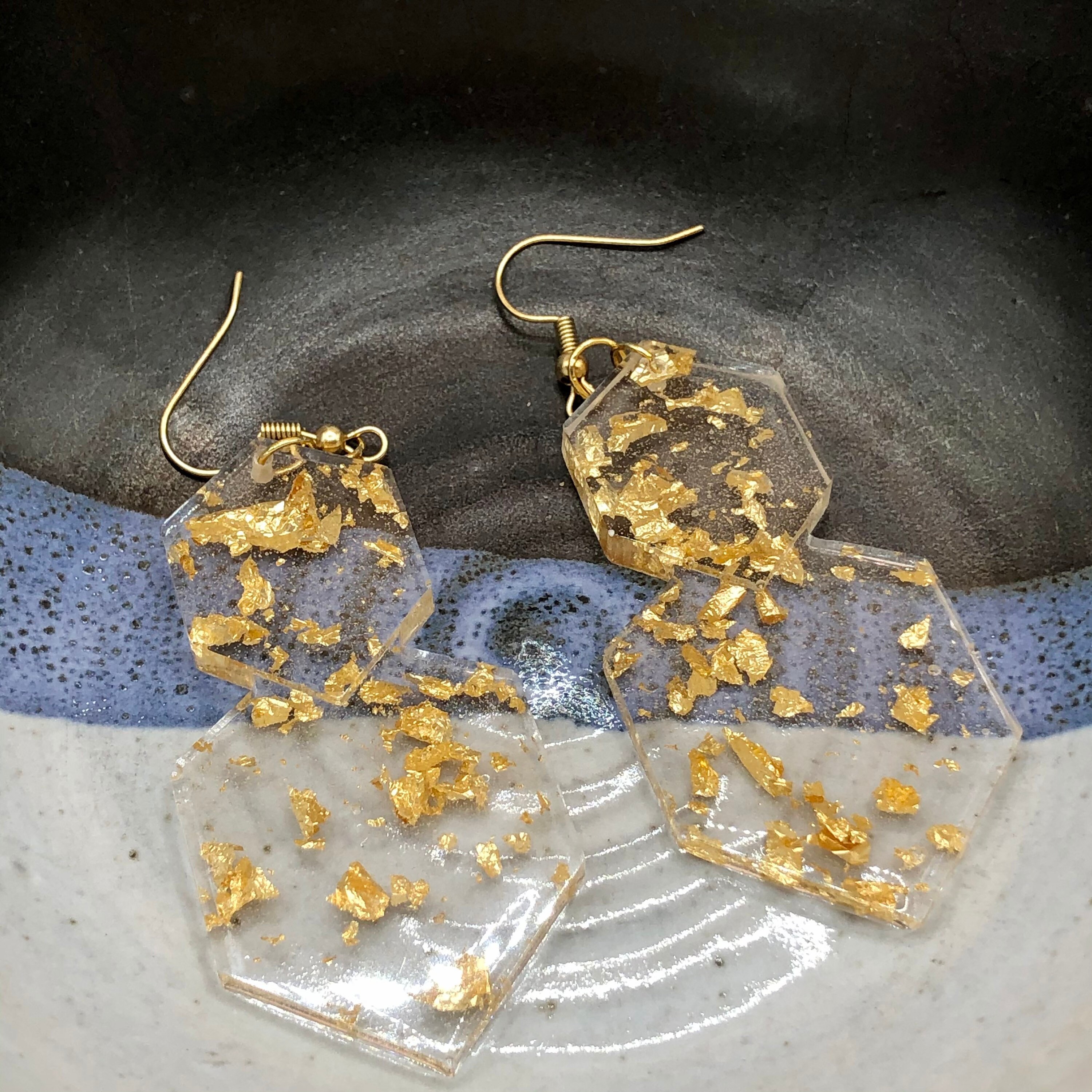 Clear with Gold Flakes Lightweight Epoxy Resin Earrings Etsy