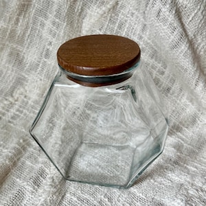 Vintage Teak Wood Lidded Hexagonal Canister Kitchen Storage Jar by Libbey Glass | Minimalist Clear Glass Stash Jar | Boho Retro Storage Jars