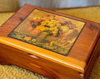 Vintage Cedar Keepsake Box with Floral Still Life
