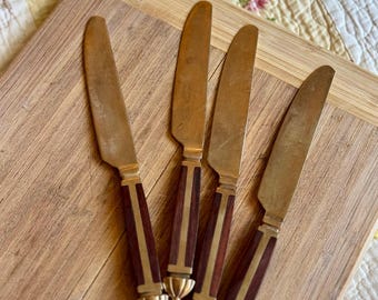 Vintage Brass & Wood Table Knives Set of 4