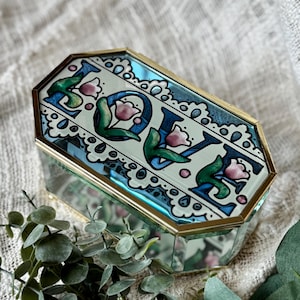 Vintage 90s LOVE Stained Glass Jewelry Casket: Brass Trim Vanity Trinket Box