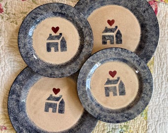 Cottage Style House Plate Set of 4 - Blue Speckled Stoneware