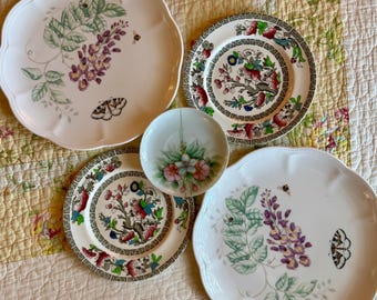 Vintage Floral Plate Bundle Set of 5 - Lenox Butterfly Meadow - Indian Tree - Hand Painted