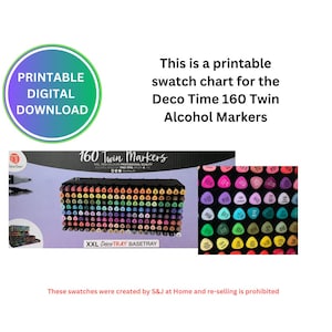 Könnte beinhalten: Druckbarer Farbmusterbogen für Deco Time 160 Twin Alkoholmarker. Der Bogen zeigt 160 verschiedene farbige Marker in einem Raster angeordnet. Die Marker befinden sich alle in einem schwarzen Fach mit der Aufschrift "XXL Deco Tray Basetray" auf der Vorderseite.