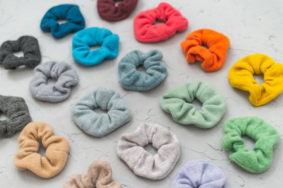 Scrunchies, Hair scrunchies, Knitted hair accessories, Lambswool scrunchie, Hair ties, Colourful hair bobbles, Handmade scrunchy