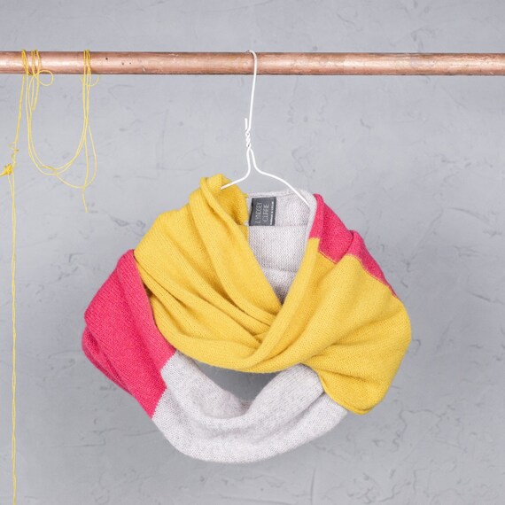 Colour block, double wrap snood, Light grey, hot pink and piccalilli circle scarf, Handmade lambswool snood, Accessories