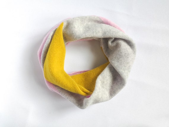 Intarsia double wrap snood, Light grey, piccalilli and pink circle scarf, Handmade lambswool snood, Accessories