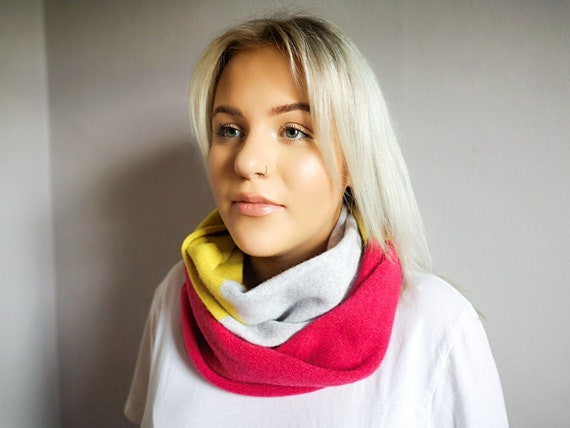 Colour block, double wrap snood, Light grey, hot pink and piccalilli circle scarf, Handmade lambswool snood, Accessories