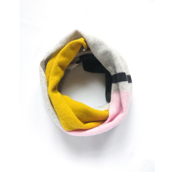 Intarsia double wrap snood, Light grey, piccalilli, pink and charcoal circle scarf, Handmade lambswool snood, Accessories