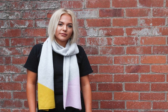 Intarsia block scarf, Light grey, piccalilli and pink lambswool scarf, Colour block knitted accessorie