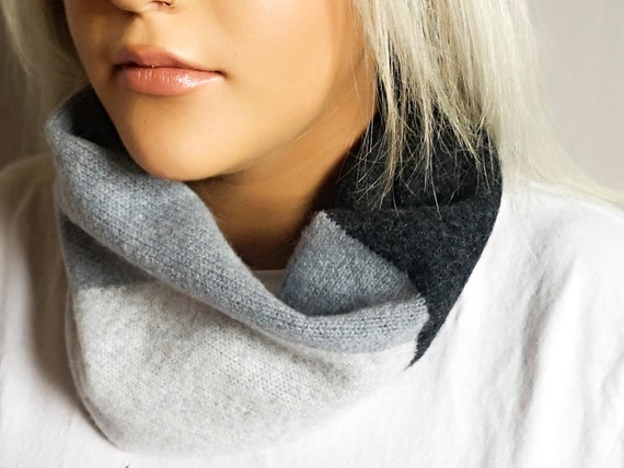 Intarsia snood, Charcoal, Seal and light grey snood, Circle scarf, Block colour snood, Lambswool snood, Knitted accessories