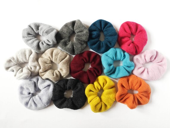 Scrunchies, Hair scrunchies, Knitted hair accessories, Lambswool scrunchie, Hair ties, Colourful hair bobbles, Handmade scrunchy